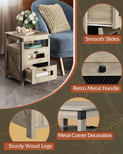 WLIVE Nightstand with Charging Station, Farmhouse End Table, Bed Side Table with 2 Storage Drawers and Open Shelf, Wood Rustic Nightstands for Bedroom, Greige