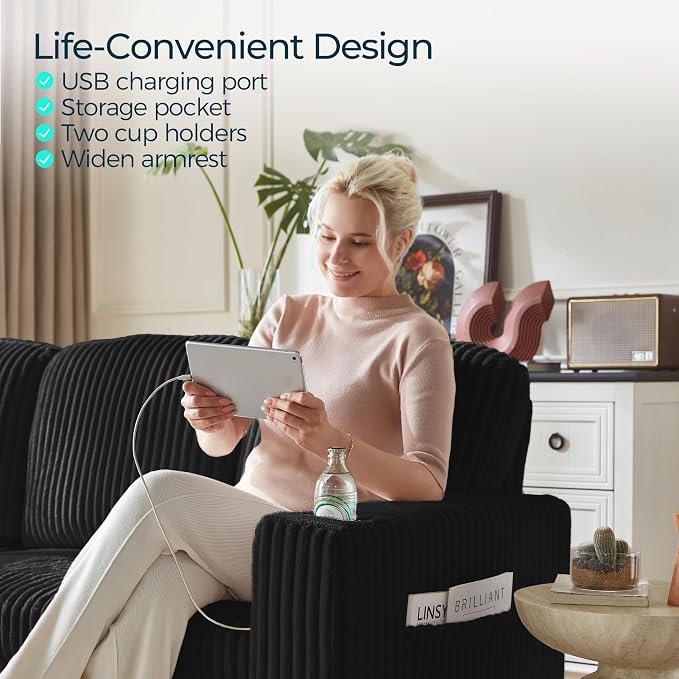 LINSY HOME Sectional Sleeper Sofa Pull Out Couches for Living Room (Black, Sleeper Sofa 2) | Pull Out Sofa Bed, Storage, USB Charging, Cup Holders, Plush Corduroy