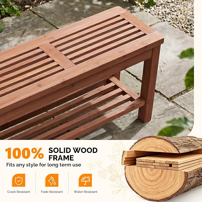 VINGLI Rustic Storage Bench, Solid Wood Seat with Storage Shelf, Indoor Outdoor Shoe Rack, 450lbs Capacity Small Outdoor Bench for Mudroom Entryway Patio Porch (Brown, 40in)