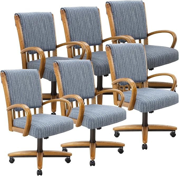Chromcraft Set of 6 Swivel Tilt Chairs, Classic Wooden Frame Metal Pedestal Base Chairs with Wheels for Kitchen