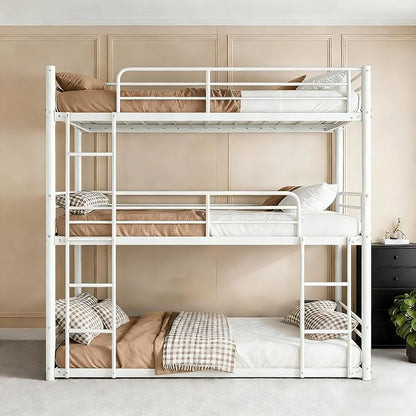 Metal Triple Bunk Bed with Ladder for 3 Kids/Teen/Adults Bedroom,Twin Over Twin Over Twin Heavy Duty Metal Bunk Bed, Heavy Duty Triple Bed Frame for Girls & Boys, No Box Spring Needed (White)