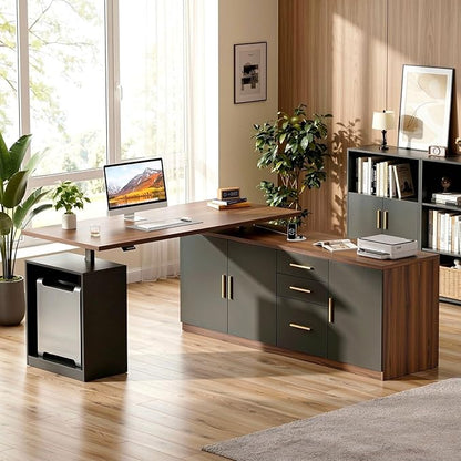 ModernMate L Shaped Electric Standing Desk with Drawers & File Cabinet, 67x60 Corner Executive Workstation, 59" One-Piece Desktop, Height Adjustable with Charging Station for Home Office, Black Walnut