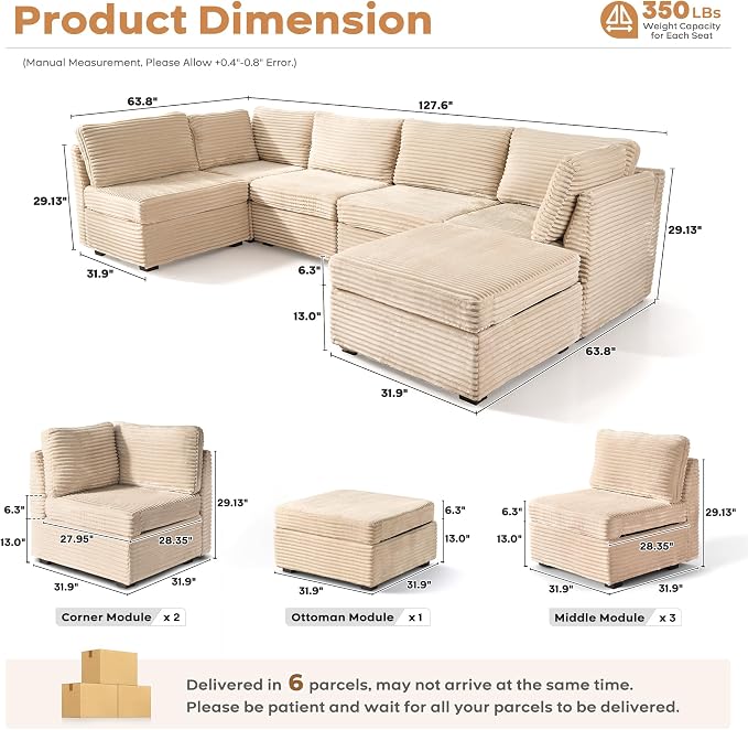 ovios Modular Sectional Sofa Couch with Sofa Bed L-Shape Chaise, Comfy Plush Corduroy Cloud Couches, Modern Luxury Deep Seat Sofas Set for Living Room, 6-Seater, Beige