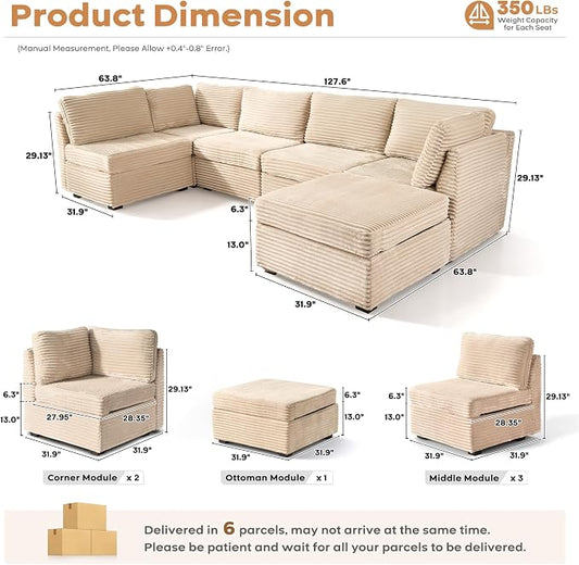 ovios Modular Sectional Sofa Couch with Sofa Bed L-Shape Chaise, Comfy Plush Corduroy Cloud Couches, Modern Luxury Deep Seat Sofas Set for Living Room, 6-Seater, Beige