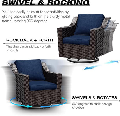 Joyside Wicker Patio Furniture Sets, 7 Pieces Upgraded Large Size Outdoor Furniture with Swivel Rocking Patio Chairs, Two 3-Seat Sofa, Outdoor Ottoman, Thick Cushions, Wide Armrest, Blue