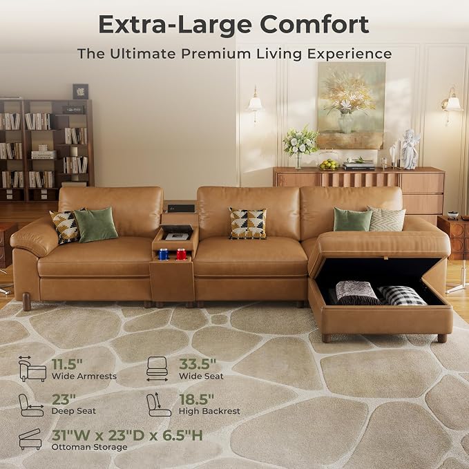 SITJOY Large Cloud Couch, 132" Wide 3 Seater L Shaped with Console, Brown | Pet-Friendly Scratch-Resistant Leather Sectional Sofas for Living Room, Deep Seat Wide Couch with Chaise, Storage Ottoman