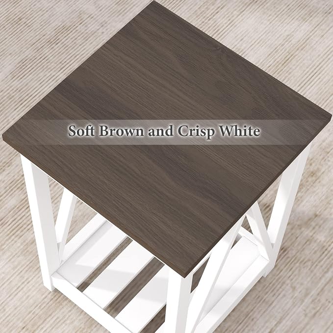 ChooChoo Farmhouse End Table, Rustic Vintage End Side Table with Storage Shelf for Small Spaces, Nightstand Sofa Table for Living Room, Bedroom White 2 Pack