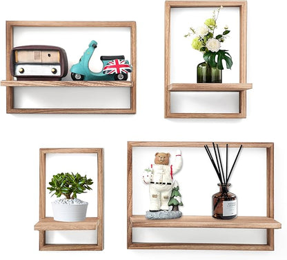 PHOENANCEE Square Floating Shelves,Framed Wall Shelf Decorative Set of 4,Modern Plants Hanging Display Art Decor Storage for Livingroom Bedroom Bathroom Farmhouse,Home Light Wood,Carbonized Black