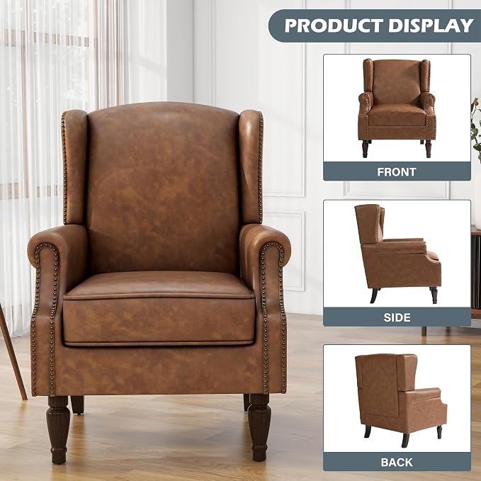 High Back Accent Chair, Faux Leather Wingback Chair Upholstered Armchair for Living Room, Retro Comfy Single Sofa Bedroom Reading Seat with Solid Wood Legs - Brown
