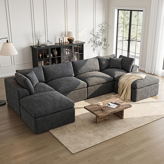 Cloud Sectional Couches for Living Room | 144 Inch U-Shaped Boneless Couch with Ottoman | Dark Grey Modular Sectionals Sofa Couch