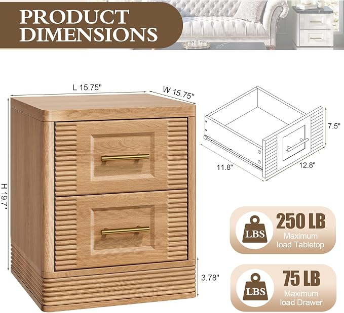 RECHHX Small Dresser for Bedroom, Farmhouse Nightstand with 2 Drawer for Narrow Spaces, Thermoformed Curved End Table for Bedroom, Living Room, Natural Oak