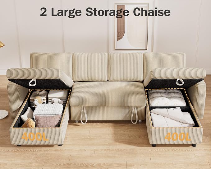 Vipbear 104" Sectional Sleeper Sofa Bed with Pull Out Bed, U Shaped Couch Pull Out Couch with Reclining Backrest, Reversible Storage Chaise, USB Ports, Tool-Free Assembly, Corduroy Beige