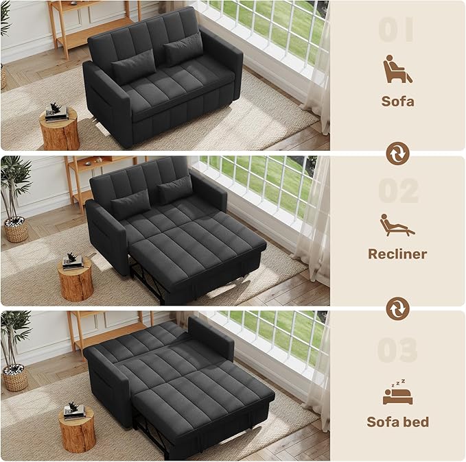 Nebuaegis Sleeper Sofa Bed,3-in-1 Convertible Pull Out Couch with Adjustable Backrest for Living Room,Loveseat Sofa Bed with Side Pockets,Easy Assembly,Dark Gray,1 PCS