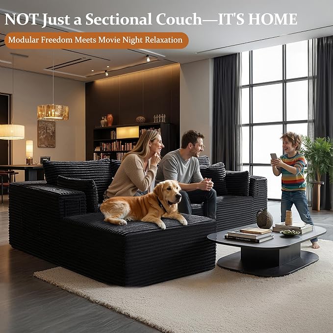 108" Oversized Cloud Sectional Couch, Comfort L Shaped Boneless Couch for Living Room, Extra Deep Seats No Assembly, Modular Sofa, Corduroy (Black, 2 Seater+Right Facing Chaise)
