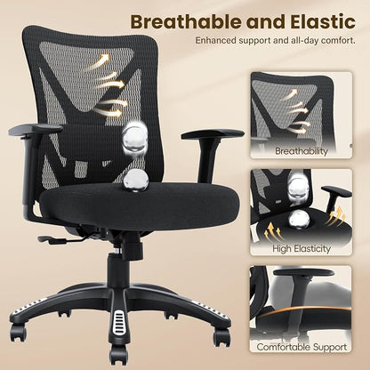 Ergonomic Office Chair, Mesh Computer Desk Chairs with Adjustable Lumbar Support, 3D Armrests, Tilt Function, Comfy Wide Seat, Executive Work Task Chair for Company and Home (Sponge Cushion)