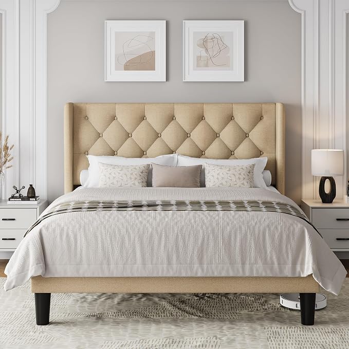 Einhomn Queen Size Platform Bed Frame with Fabric Upholstered Wingback Headboard, 11" Under Bed Space, Wooden & Metal Slats Support, No Box Spring Needed, Beige