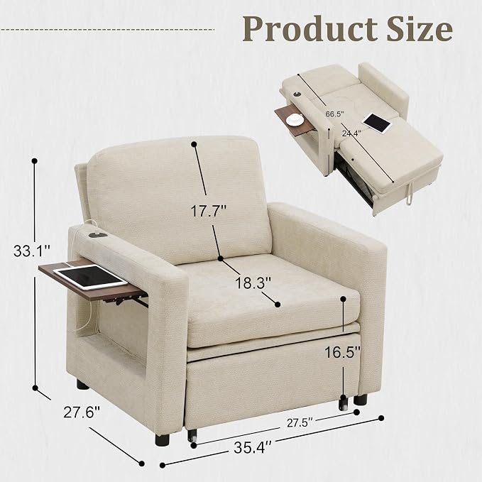 3 in 1 Folding Convertible Sleeper Sofa Bed Pull Out Couch with Side Pockets USB Port Side Table Single Sofa Bed with Adjustable Backrest for Living Room Bedroom 66" 66" Lightbrown 1 SEAT