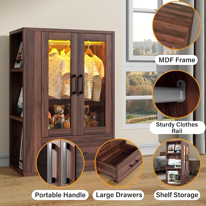 Wooden Dog Closet with LED Lights, Pet Wardrobe Organizer | Storage Cabinet for Dog & Cat Clothes, Toys, Food | Multi-Use Furniture, Walnut