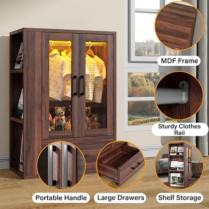 Wooden Dog Closet with LED Lights, Pet Wardrobe Organizer | Storage Cabinet for Dog & Cat Clothes, Toys, Food | Multi-Use Furniture, Walnut