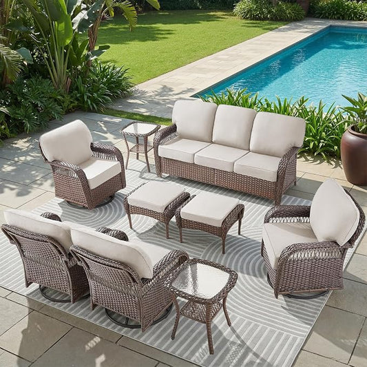 Outdoor patio furniture set with beige cushions by a pool