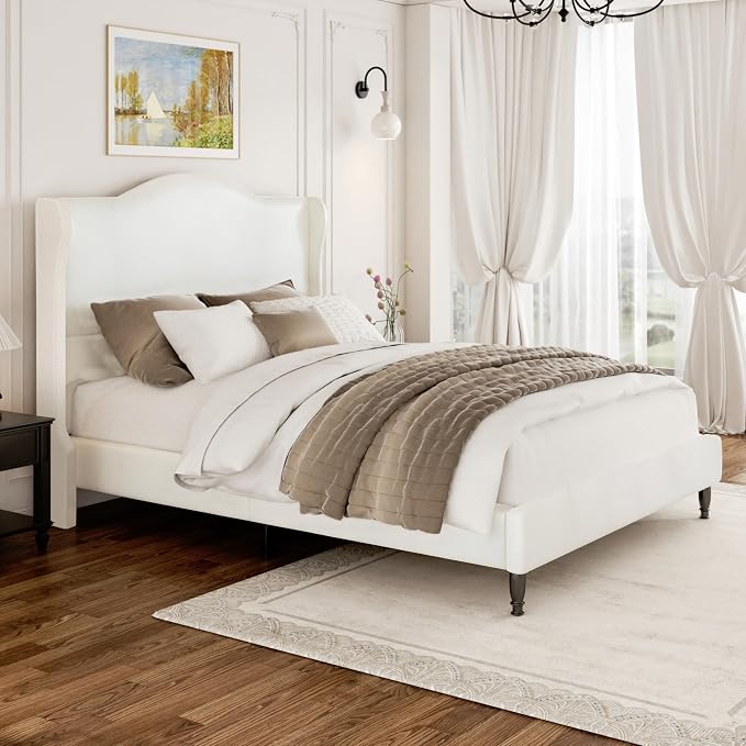 Upholstered Bed Frame with Tall Headboard, Leather Full Platform Bed Frame with Wingback Sides, Wood Slats Support, Noise-Free Design, No Box Spring Needed, Easy Assembly, White