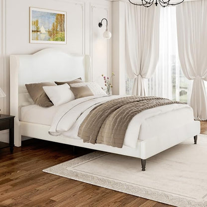 Upholstered Bed Frame with Tall Headboard, Leather Full Platform Bed Frame with Wingback Sides, Wood Slats Support, Noise-Free Design, No Box Spring Needed, Easy Assembly, White