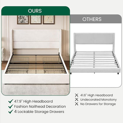 LARMACE King Size Bed Frame with 4 Storage Drawers Modern White Corduroy Upholstered Platform Bed Frame with Headboard Tufted Vertical Stripe &Wooden Slats Support, No Box Spring Need,Easy Assembly