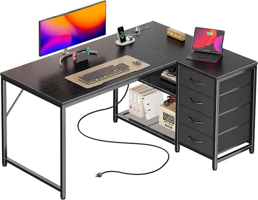 PRAISUN 43.3" Small Computer Desk with Power Outlets & USB-C Port, Reversible L Shaped Corner Office Desk with 4 Fabric Drawers and 2 Adjustable Storage Shelves, for Gaming Writing, Black
