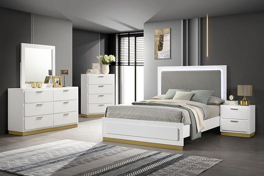Coaster Home Furnishings Caraway Contemporary 5-Piece Bedroom Set Fabric Upholstered Queen Size LED Panel Bed Frame 55-inch Headboard White 224771Q-S5