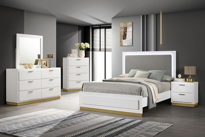 Coaster Home Furnishings Caraway Contemporary 5-Piece Bedroom Set Fabric Upholstered Eastern King Size LED Panel Bed Frame 55-inch Headboard White 224771KE-S5