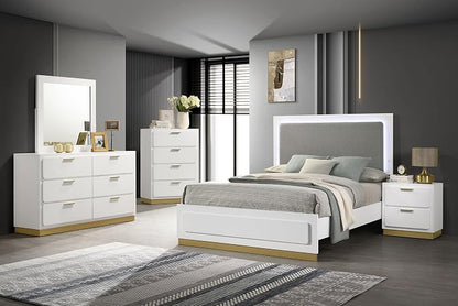 Coaster Home Furnishings Caraway Contemporary 5-Piece Bedroom Set Fabric Upholstered Eastern King Size LED Panel Bed Frame 55-inch Headboard White 224771KE-S5