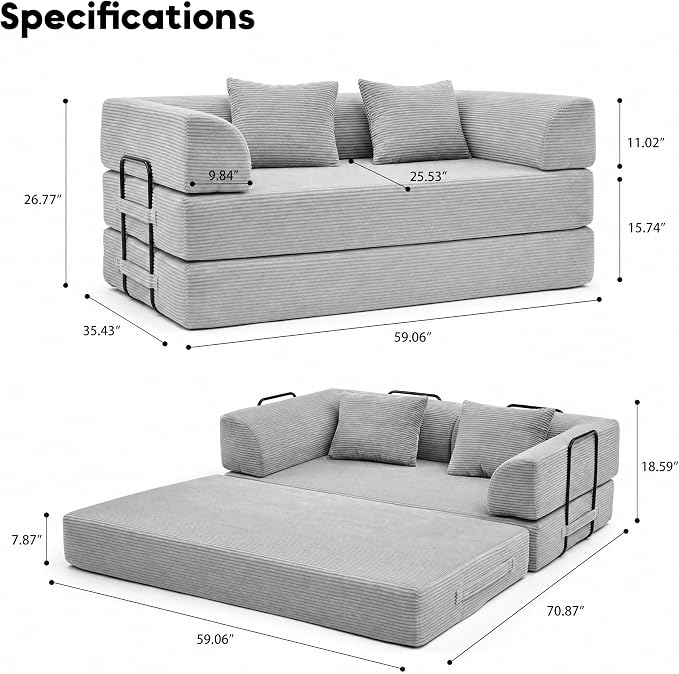 ZEIINPA 59“ Convertible Floor Sofa Bed, 5-in-1 Futon Sofa Bed Modular Sleeper Couch, Corduroy Pull Out Loveseat with Curved Armrest, Boneless Couches for Living Room, No Assembly Required, Light Grey