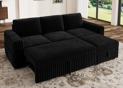 HONBAY Modular Sectional Sofa with Pull Out Bed,Corduroy L Shaped Sleeper Sofa with Storage, Sectional Couches for Living Room,Black