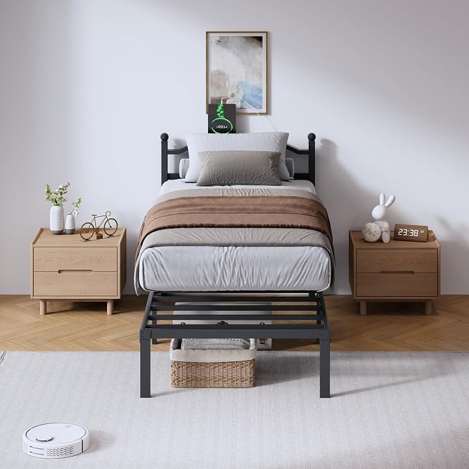 SHOANED Twin Size Bed Frame - 14 Inch Metal Heavy Duty Bedframe with Charging Station Black Basic Steel Slats Platform with Headboard No Box Spring Needed/Easy Assembly