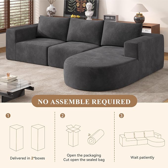 L-Shaped Boneless Couch,104" Couches for Living Room with Curved Chaise,Modular Sectional Sofa with Deep Seat,Modern Cozy Cloud Compression Sofas,No Assembly Required(Gray) 1PCS