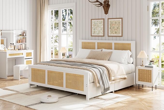 IDEALHOUSE Rattan Bed Frame with Storage Drawers, Boho King Size Led Bed Frame with Strong Metal Slats Support, No Box Spring Needed, Noise-Free Design, White