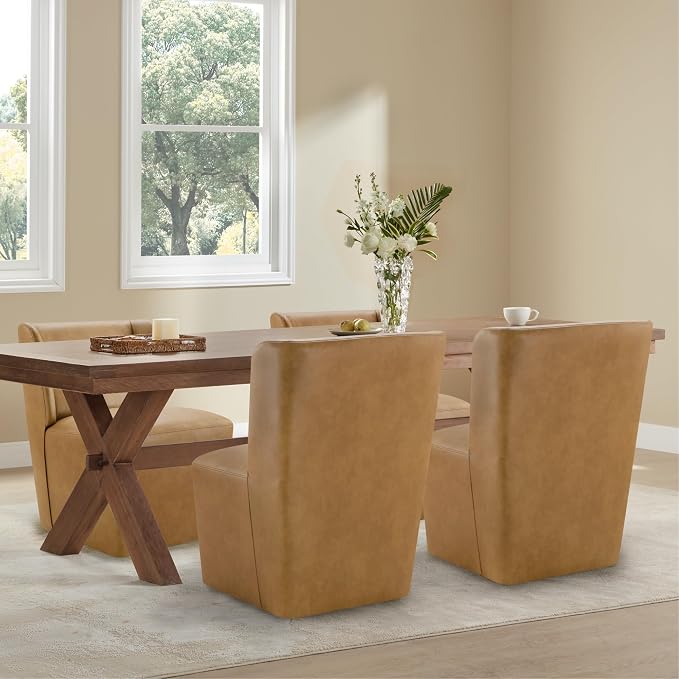 KISLOT Upholstered Dining Chairs Set of 2 with Casters, Wingback Modern Side Armless Deskchair with Rollers for Diningroom Bedroom Livingroom Reading Room, Brown Faux Leather