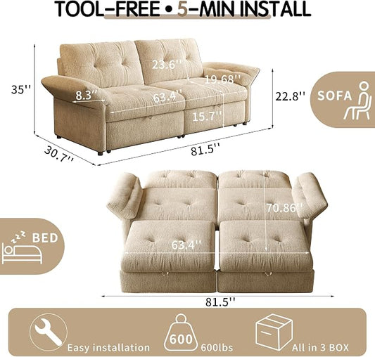 81.5'' Full Sleeper Sofa, Pre-Assembled, Chenille Pull Out Couches Bed, 3-in-1 Convertible Sofa, Adjustable Backrest, Small Loveseat for Small Space, Living Room, Apartment, Chenille Beige