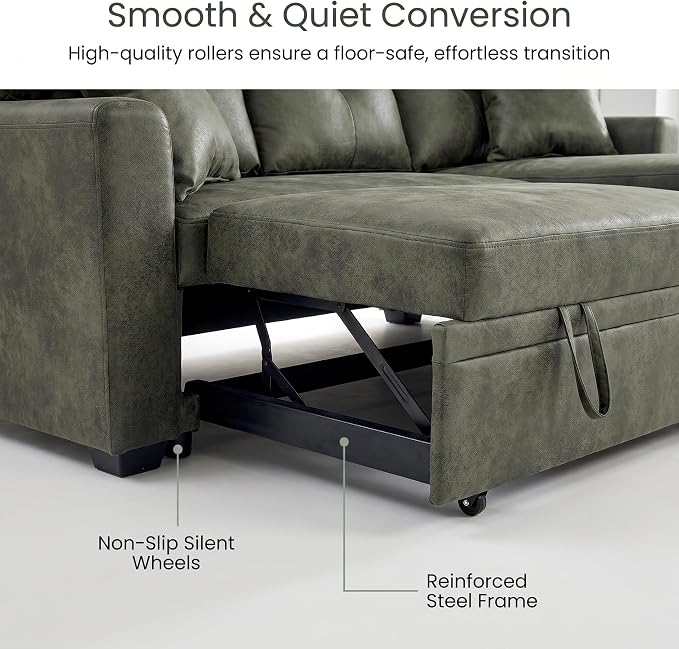 TYBOATLE Convertible Sofa Bed Couch with Reversible Storage Chaise, 71" L Shaped Pull Out Couch Bed, Comfy Linen Fabric Sleeper Sofa for Living Room, Apartment & Guest Room (Green)