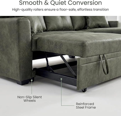 TYBOATLE Convertible Sofa Bed Couch with Reversible Storage Chaise, 71" L Shaped Pull Out Couch Bed, Comfy Linen Fabric Sleeper Sofa for Living Room, Apartment & Guest Room (Green)