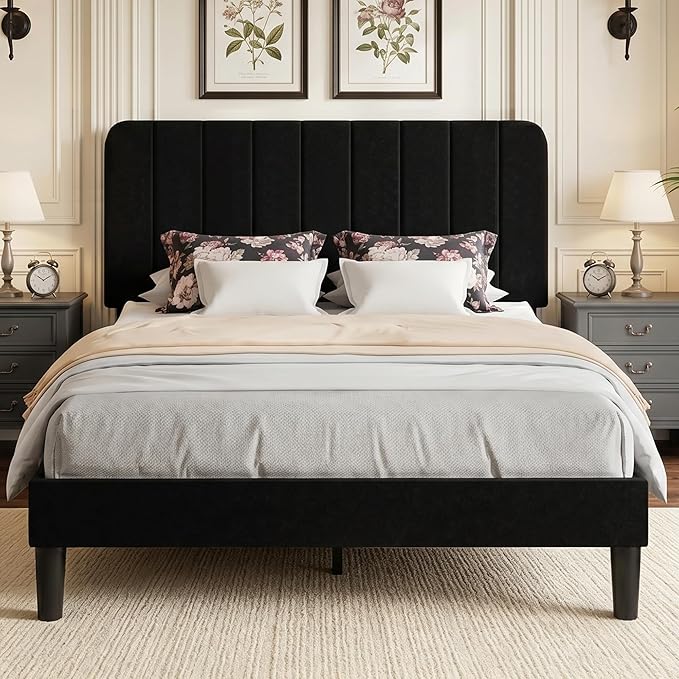VECELO Queen Size Bed Frame with Upholstered Headboard, Velvet Platform Bedframe Mattress Foundation, Strong Wood Slat Support, No Box Spring Needed,Black
