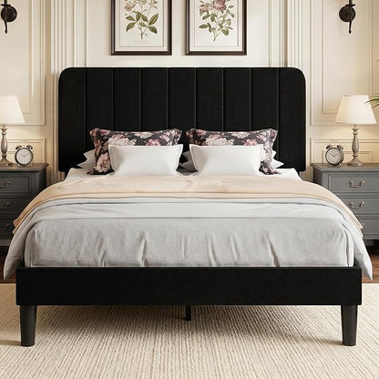 VECELO Queen Size Bed Frame with Upholstered Headboard, Velvet Platform Bedframe Mattress Foundation, Strong Wood Slat Support, No Box Spring Needed,Black