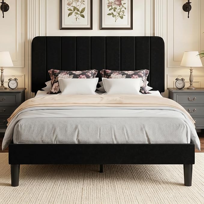 VECELO Full Size Bed Frame with Upholstered Headboard, Velvet Platform Bedframe Mattress Foundation, Strong Wood Slat Support, No Box Spring Needed,Black