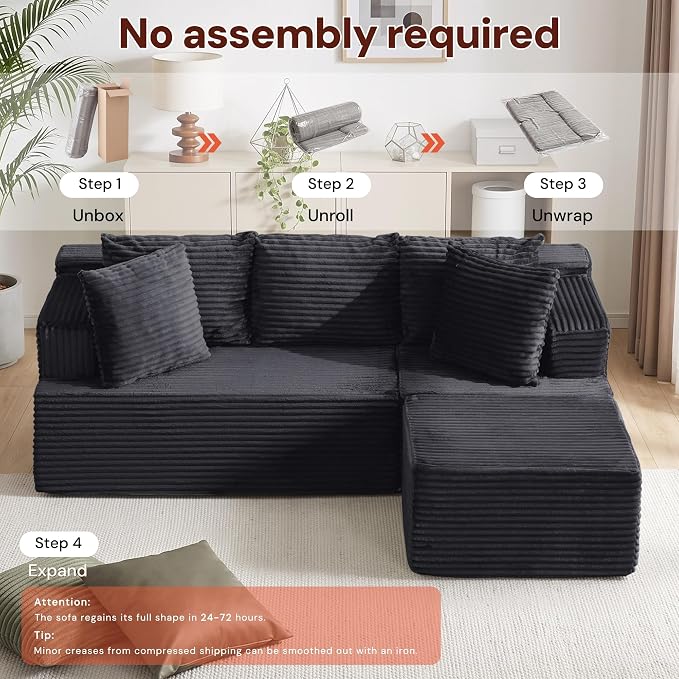 Korser Boneless Couches for Living Room, Cloud Couch Sectional with Ottoman, L-Shaped Sofa with Fluffy Comfy Corduroy Deep Seat, Bedroom, Apartment, No Assembly Required