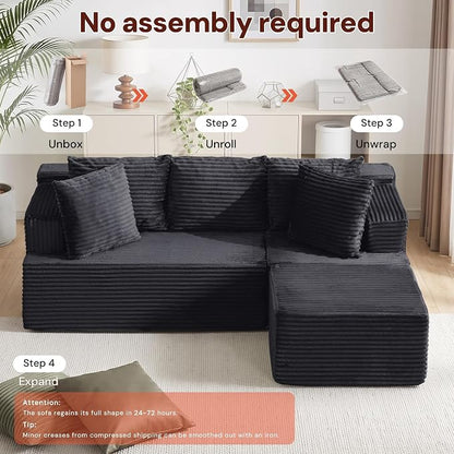 Korser Boneless Couches for Living Room, Cloud Couch Sectional with Ottoman, L-Shaped Sofa with Fluffy Comfy Corduroy Deep Seat, Bedroom, Apartment, No Assembly Required