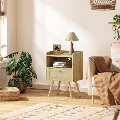 SUPERJARE Nightstand with Charging Station & Rattan-Like Decor Drawer, Rattan End Table with Solid Wood Feet, Bed Side Table with Open Storage, for Bedroom, Living Room, Dormitory - Natural