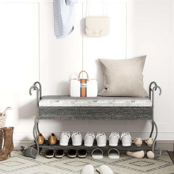 Bluecat 46" Entryway Shoe Bench,Vintage Wrought Iron Shoe Rack Bench with Padded Cushion, Heavy Duty Metal Shoe for Hallway, Foyer, Farmhouse Industrial Decor, Easy Assembly