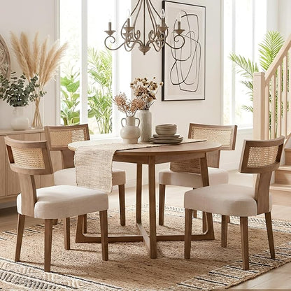 HNY Mid Century Modern Rattan Dining Chairs Set of 2, Linen Upholstered Kitchen & Dining Room Chairs with Ergonomic Curved Back, Solid Wood Frame, Farmhouse Accent Chairs for Home, Apartment, Beige