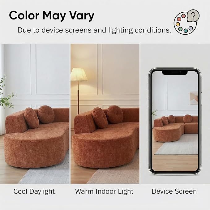 122'' Sectional Sofa, Fully Compressed Sponge,Elegant Curved Design with Three Round Cushions, Soft Fabric Upholstery, High-Resilience Foam for Ultimate Comfort, Orange