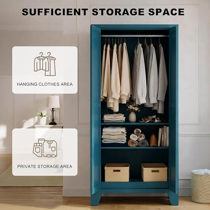 71" H Blue Armoire Wardrobe Closets,Metal Wardrobe Closet with Doors and Shelves
